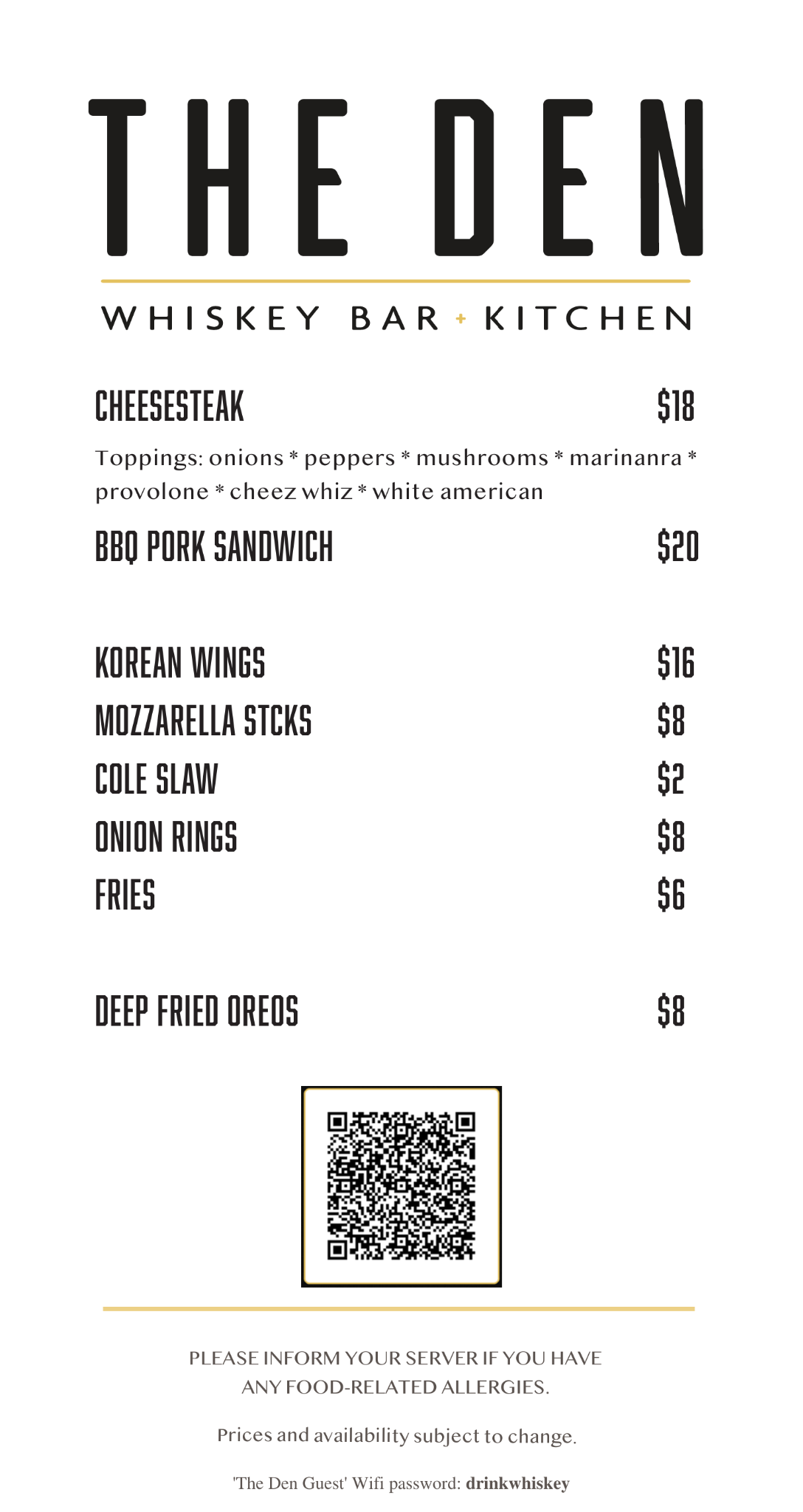 The Den food menu