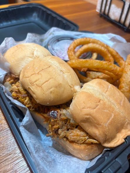 Pulled pork sliders and onion rings